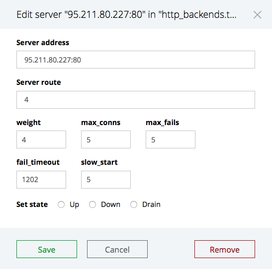 The ‘Edit selected’ interface for modifying or removing servers in an upstream group in the NGINX Plus live activity monitoring dashboard