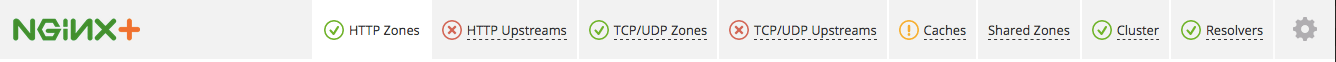 The row of tabs at the top of the window on the NGINX Plus dashboard make it easy to drill down to more detailed information about server zones, upstream groups, or the cache