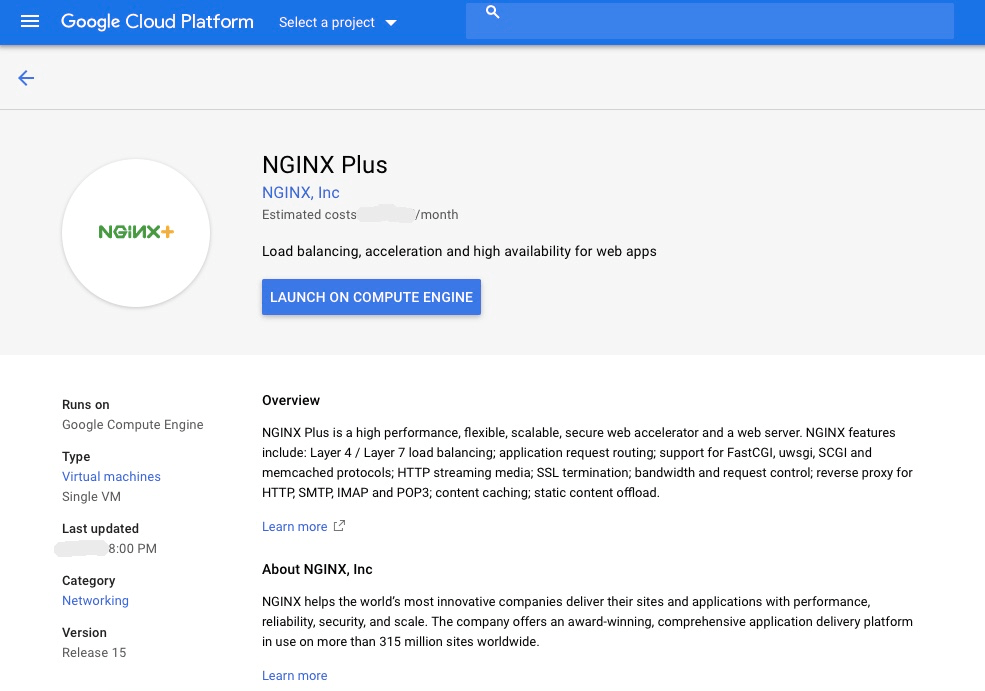 screenshot F5 NGINX Plus on Google Marketplace