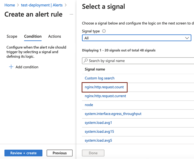 Screenshot of the Conditions tab showing how to select a Signal name from the list