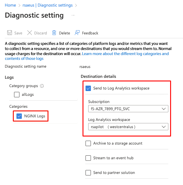 Screenshot of the Diagnostic Settings configuration page