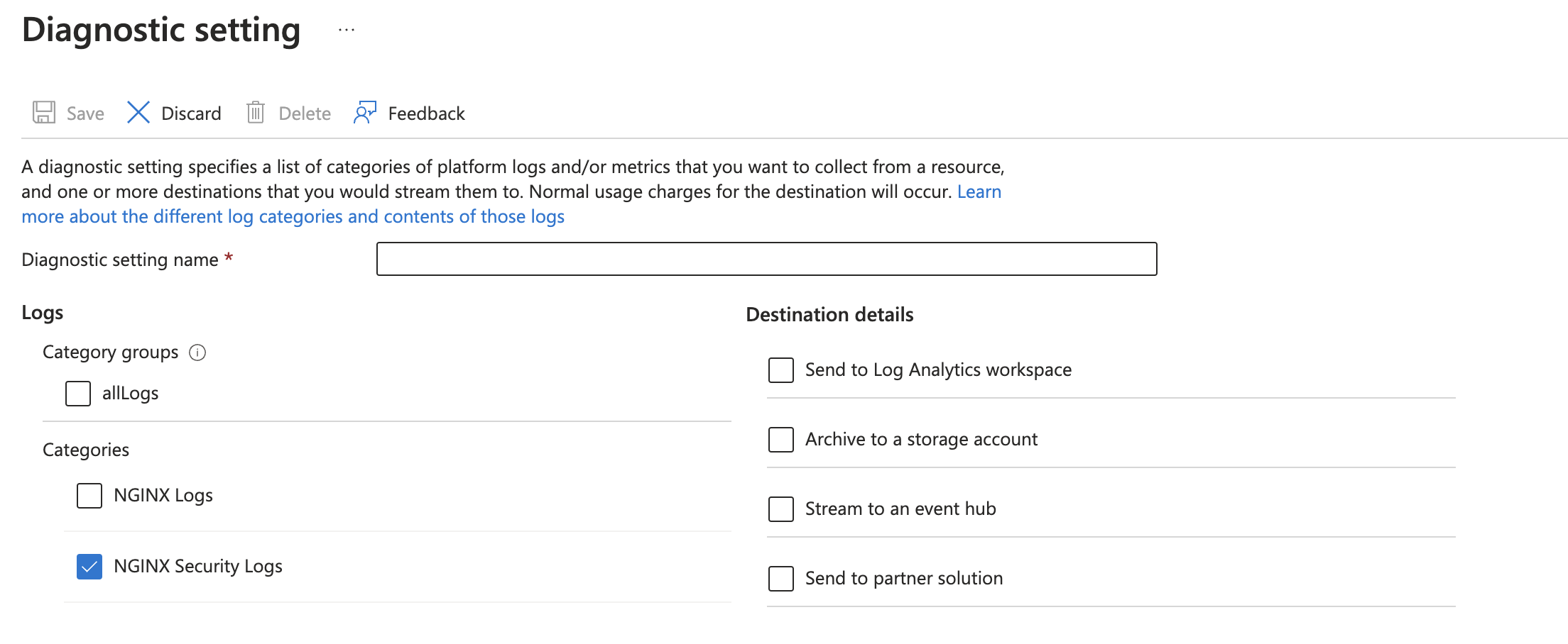 Screenshot of the NGINXaaS WAF security logs diagnostic settings