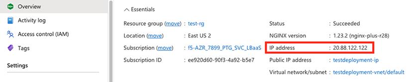 NGINXaaS Overview page showing the IP address of the deployment in the Essentials section.