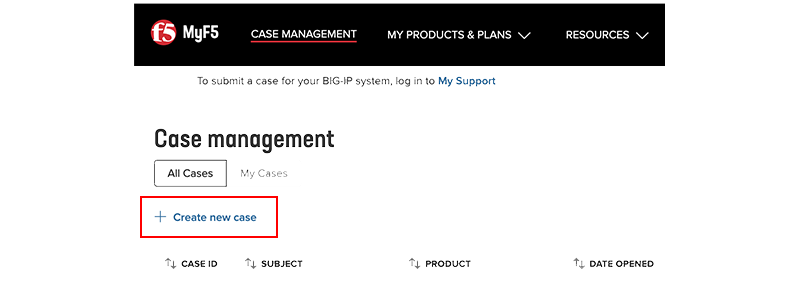Screenshot of the MyF5 portal showing the Create new case button