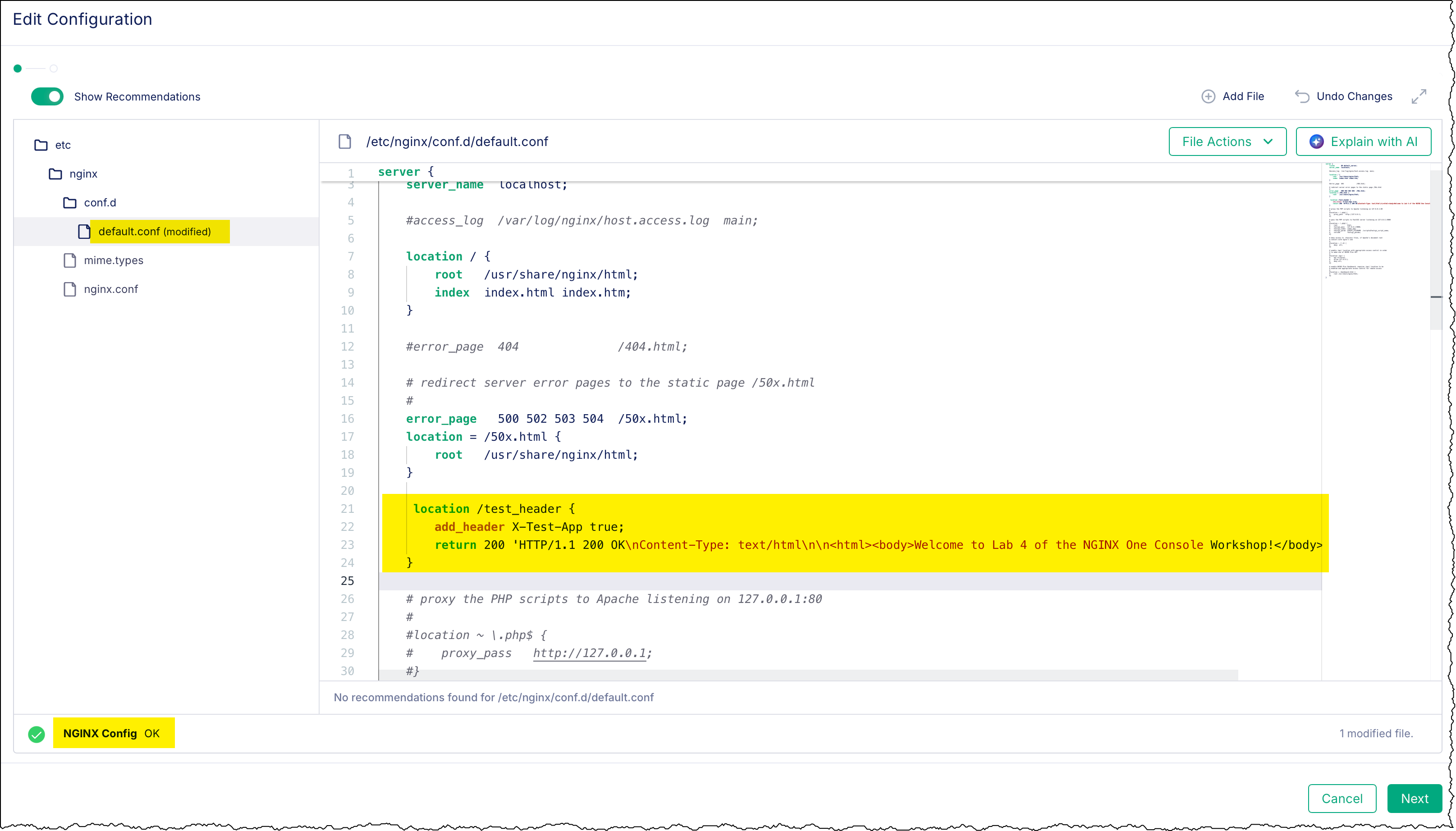 Editor showing modifications to default.conf with validator status 'NGINX Config OK'.