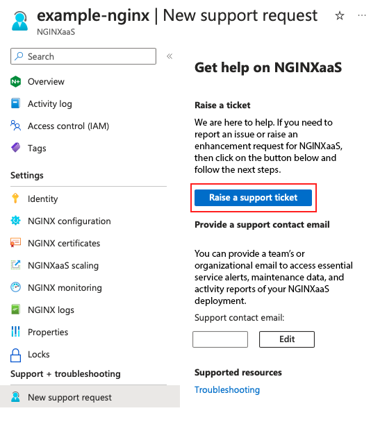 Screenshot of the Azure portal showing the Raise support ticket button