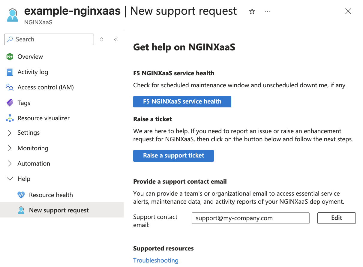 Screenshot of the Azure portal showing the Raise support ticket button