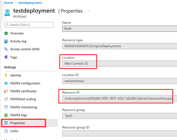 Screenshot of the Azure portal showing the Properties section