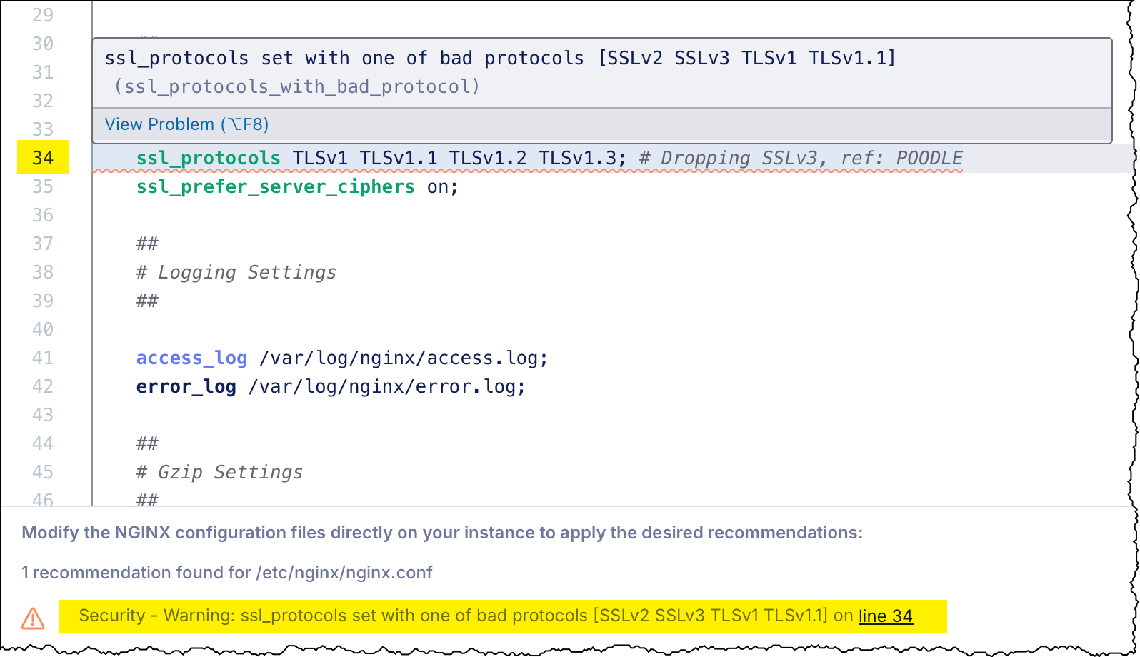 Configuration recommendation panel showing a Best Practice warning: 'log should not be set to off on line 34', with a pencil icon to edit.