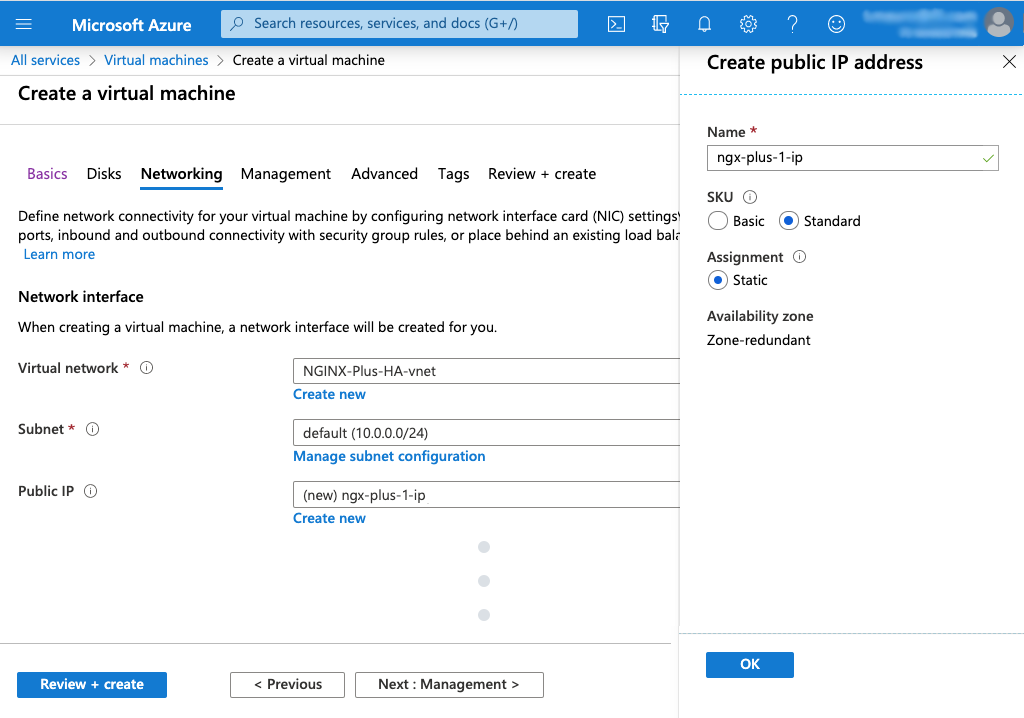 The 'Networking' tab of Azure's 'Create a virtual machine' page