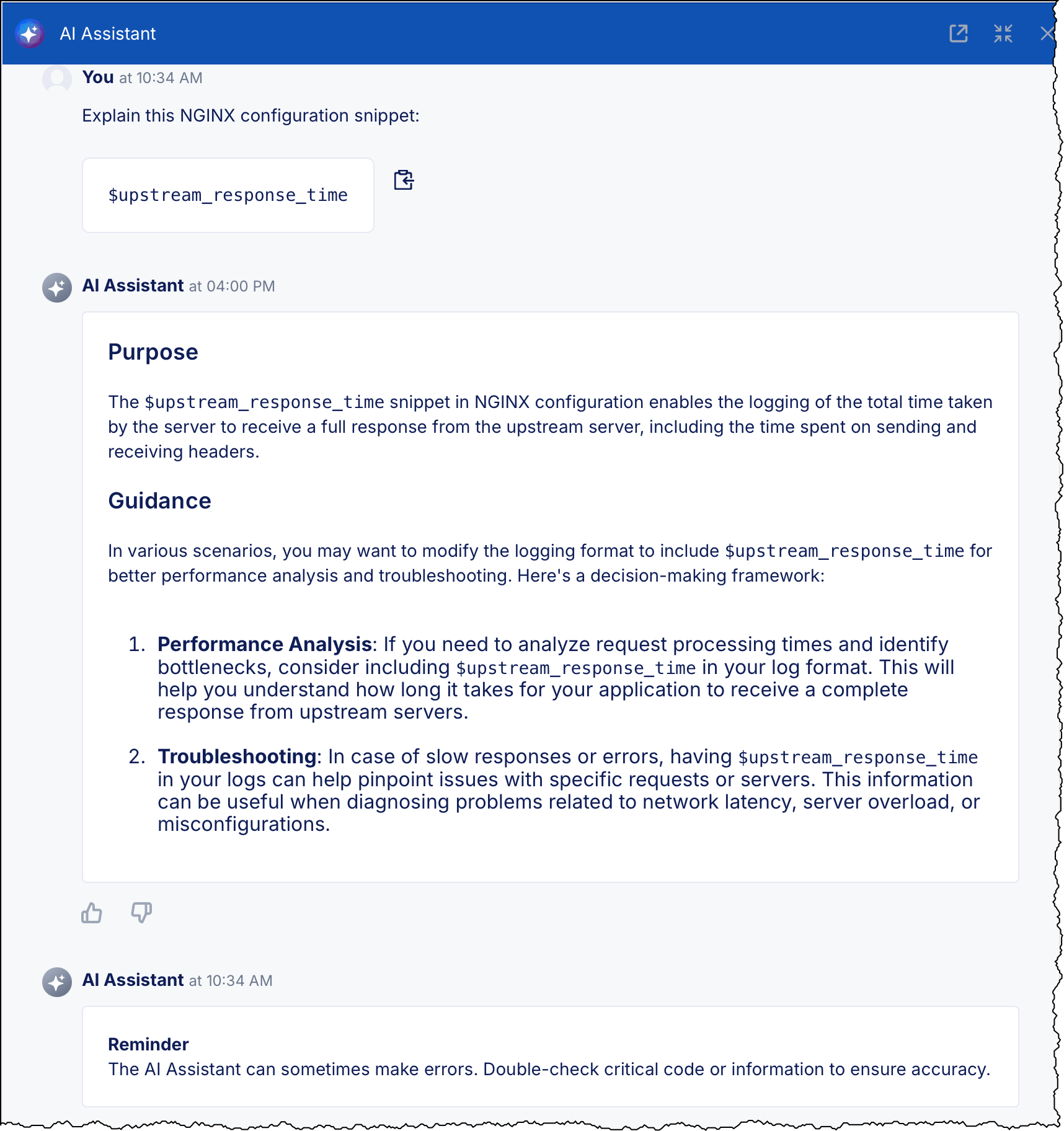 NGINX One AI Assistant panel showing a highlighted $upstream_response_time snippet alongside the assistant’s response with Purpose and Guidance headings.